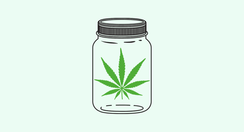 Illustration of hemp leaf in a glass jar.