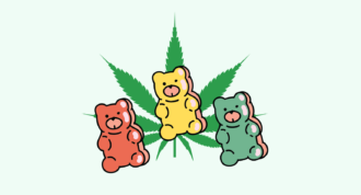 Illustration of three gummy bears with a hemp leaf. Best THC gummies concept.