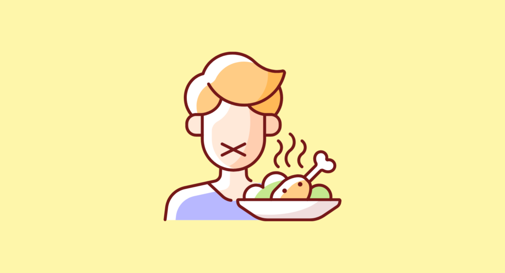 Illustration of a young adult with dinner on the side. No appetite concept.