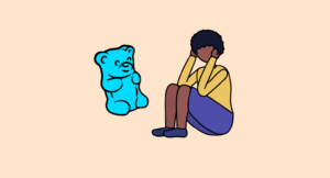 Illustration of a gummy bear side by side with a woman with anxiety crisis. Best CBD gummies for anxiety concept.