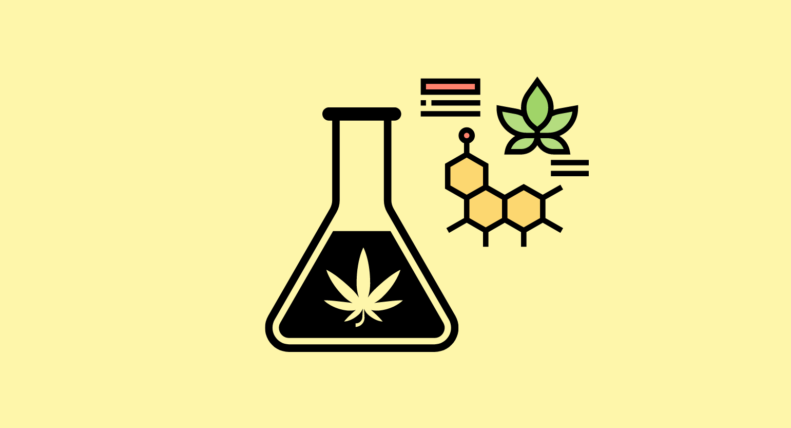 Illustration of a laboratory beaker and hemp flowers. Cannabinoids concept.