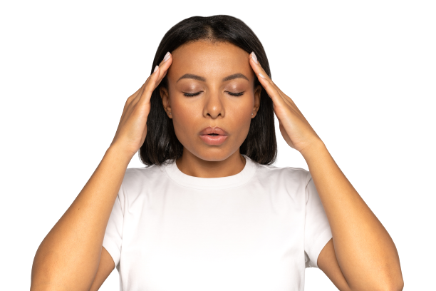 Woman with hands over her head, taking a deep breath.