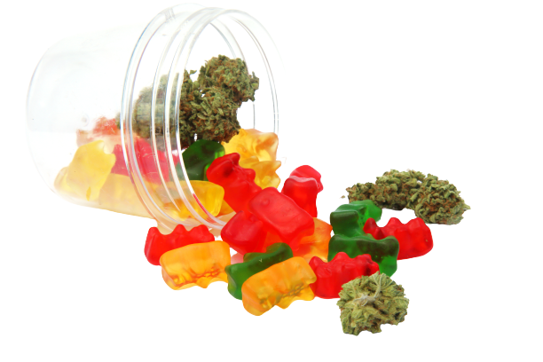 Jar of cannabic gummies over white background