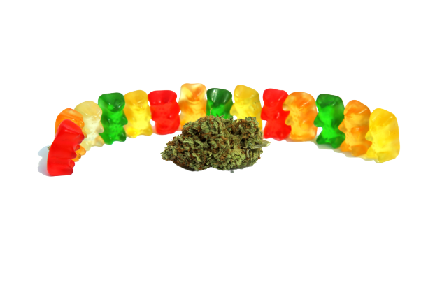 10 candy bear gummies and a hemp flower over white background