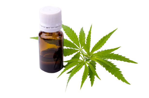CBD oil container with a hemp leaf, side to side, over white background