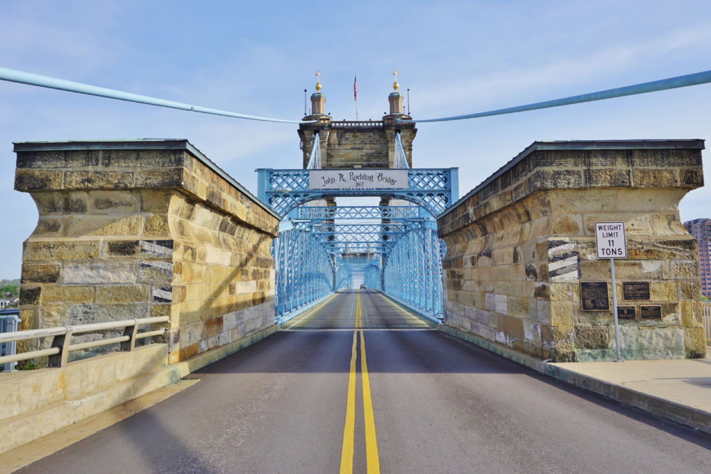 Photo of the Roebling suspension bridge over the Ohio River in Cincinnati