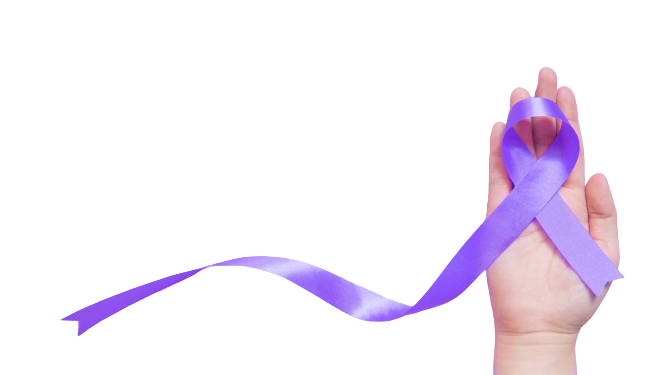 Human hand holding a purple ribbon. Symbol for fibromyalgia awareness.