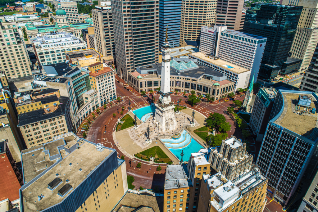 Aerial Photo of Indianapolis Indiana and it's wonderful Circle Center and Monument Circle.