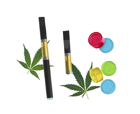 CBD concentrate vaporizer, cartridge and CBD gummies over white background